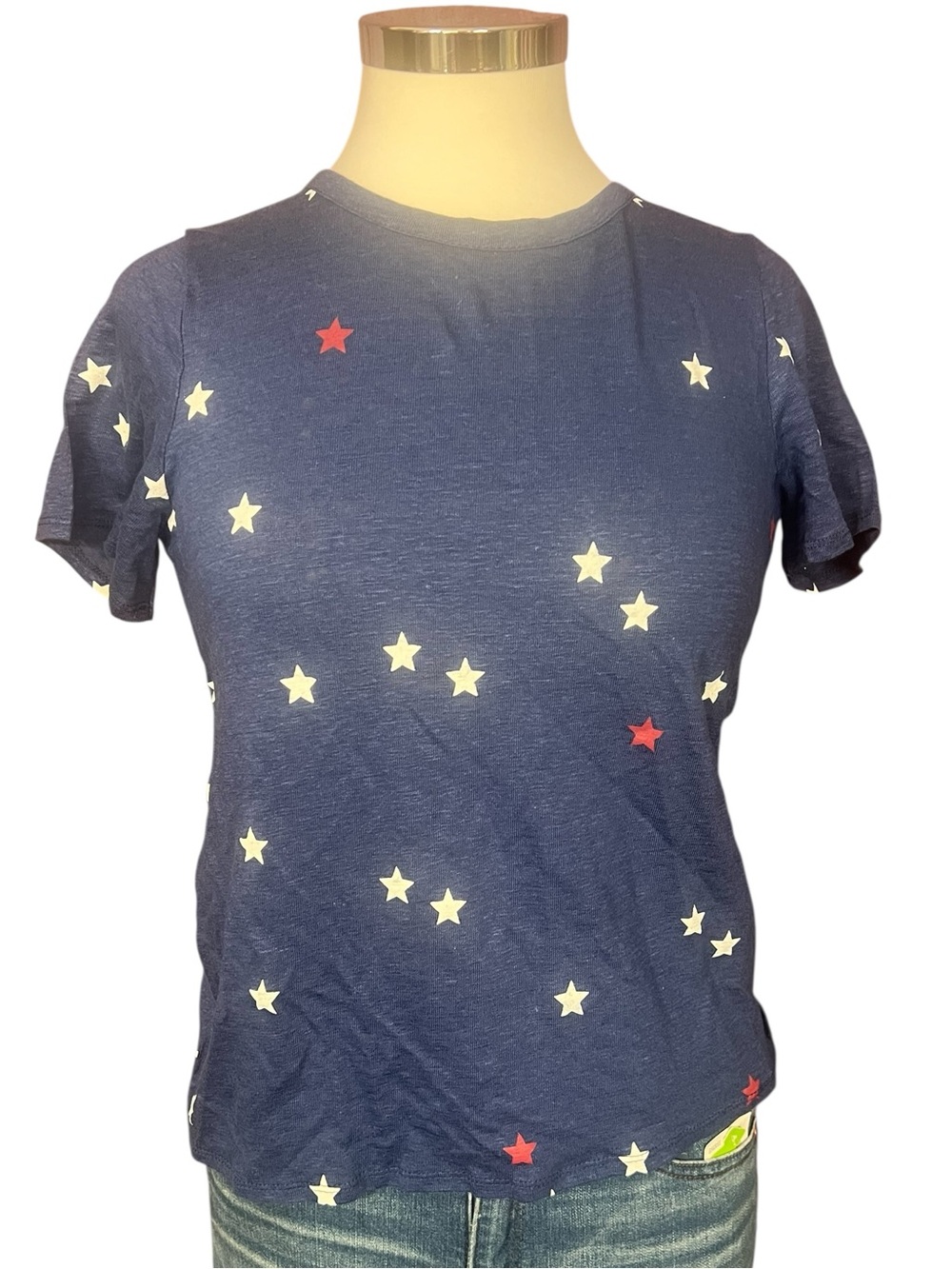 Chaser Blue Star Design Linen Cotton Shirt Sleeve Top with Tie Back